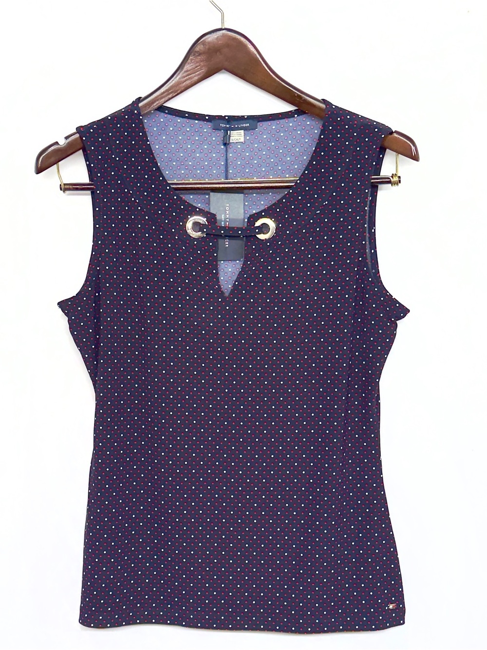 Tommy Hilfiger Women’s Large Navy White Polka Dot V-Neck Keyhole Tank Grommet